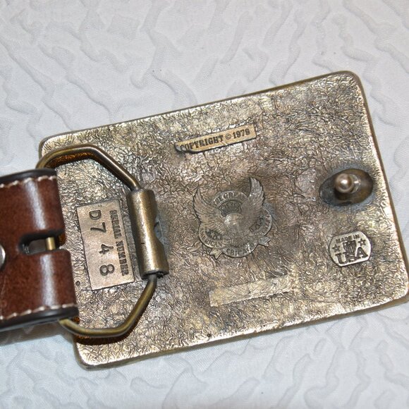 D748 Vintage 1979 Quarter Horse Belt Buckle with Ariat Tooled Inlay Rose Belt